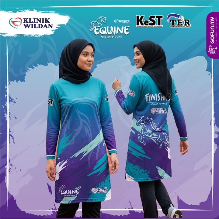 Baju Muslimah labuh biru-ungu, depan dan belakang