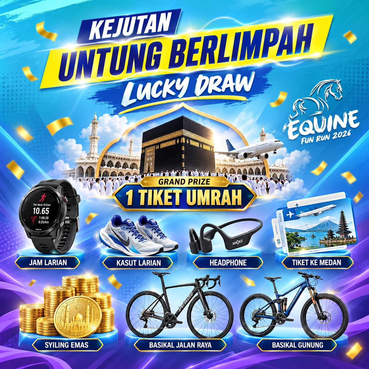 Cabutan bertuah Equine Fun Run 2026: hadiah utama 1 tiket umrah, jam larian, kasut larian, headphone, tiket ke Medan, syiling emas, basikal jalan raya dan basikal gunung