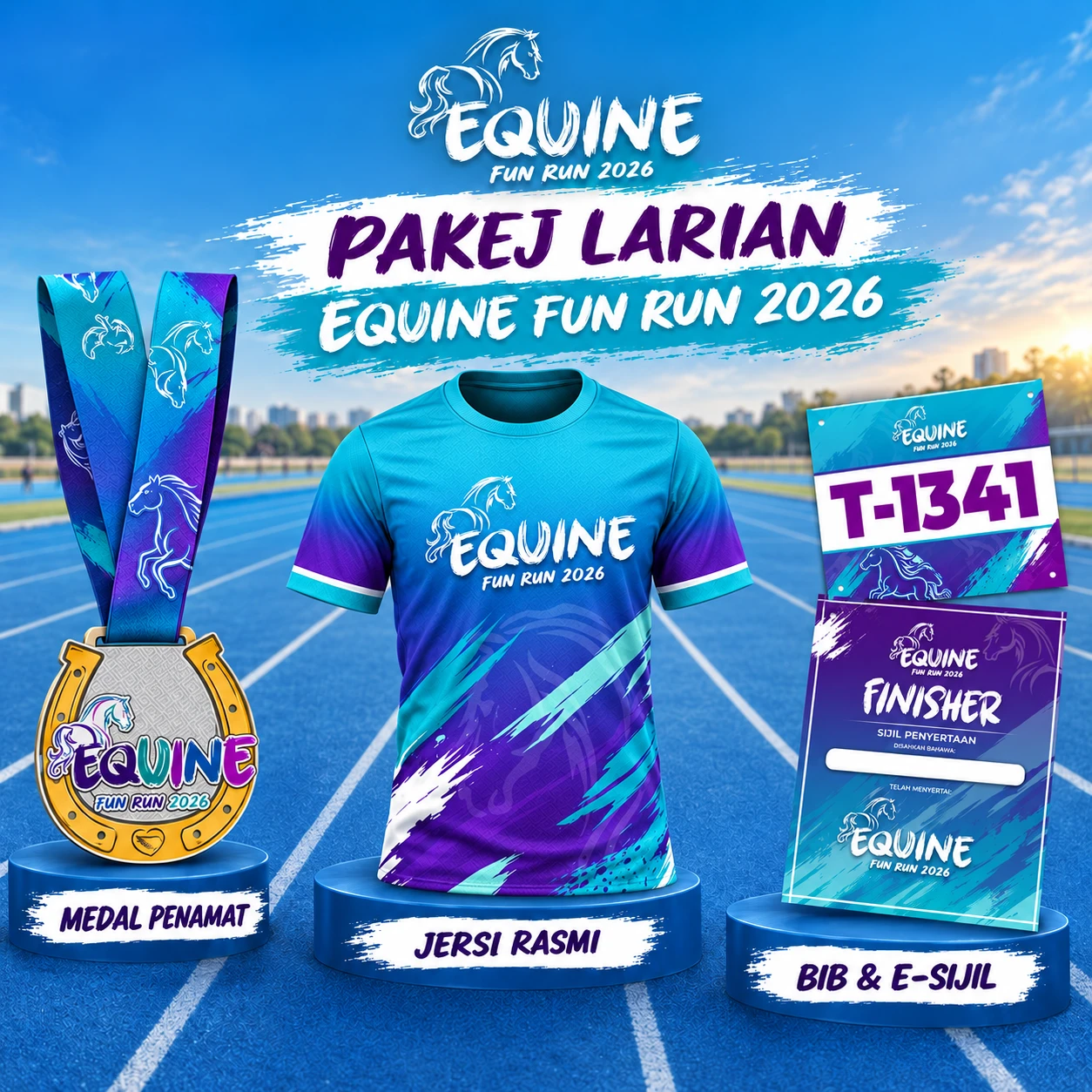 Pakej larian Equine Fun Run 2026: medal penamat ladam kuda, jersi rasmi, bib dan e-sijil
