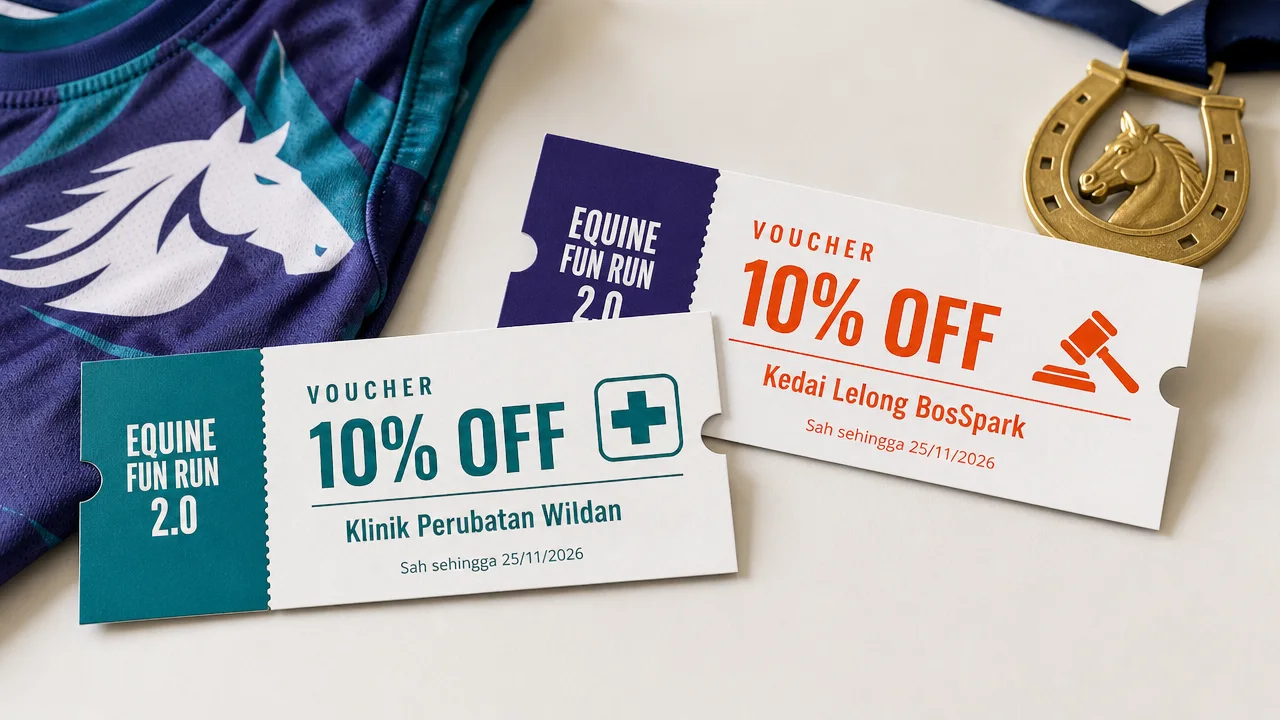 Mockup dua kupon voucher 10% OFF tajaan Klinik Perubatan Wildan dan Kedai Lelong BosSpark